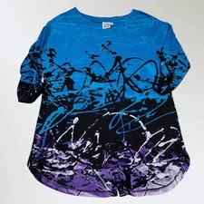 Parsley  Sage Button Back Artsy Tunic Blue Purple Splatter 3/4 Sleeve Top PM
