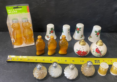salt pepper shaker lot teddy bear fisch's bitters fish cardinal poinsettia holly