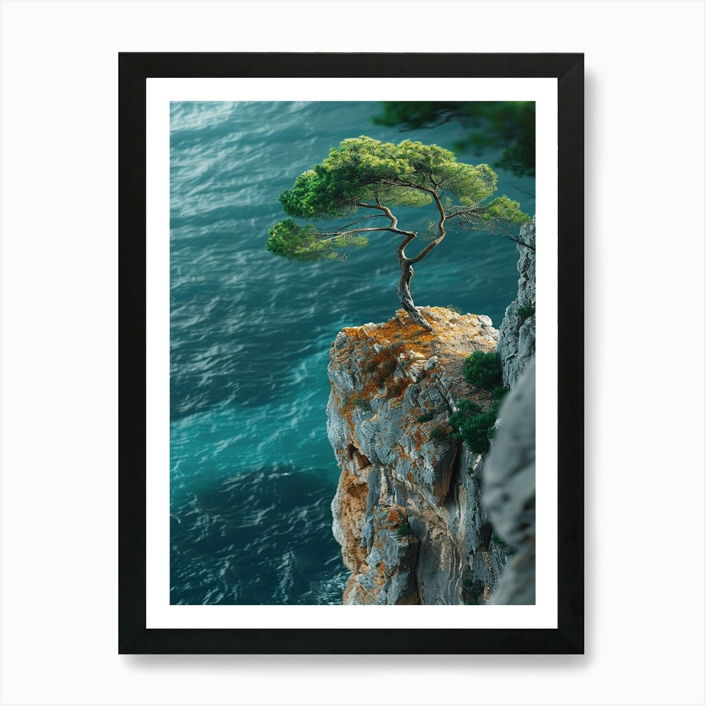 Cliffside Tree Art Print Framed Canvas Wall Decor Picture