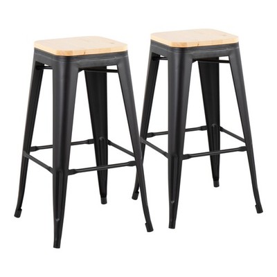 Oregon Contemporary Barstool in Black Steel and Natural Wood by  - Set of 2