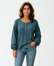 Michael Stars Chrissy Top Women Large Blue Supima Cotton Henley Long Sleeve
