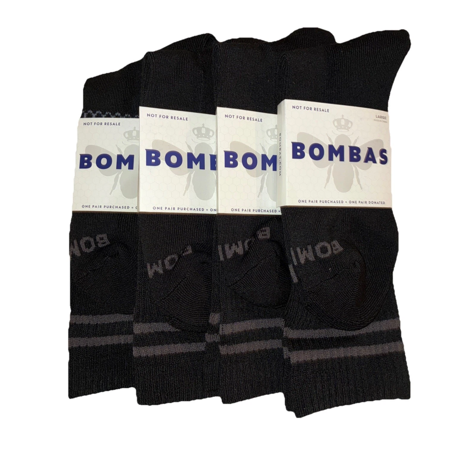 BOMBAS Socks Men's L (US 9.5-13) Black Gray Stripe Calf Logo NEW Lot Of 4
