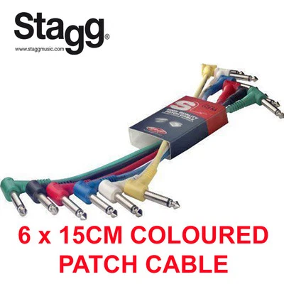 Stagg Pack of 6 Multi Coloured 1/4" Jack Patch Cables 15cm 6" Long SPC015LE New