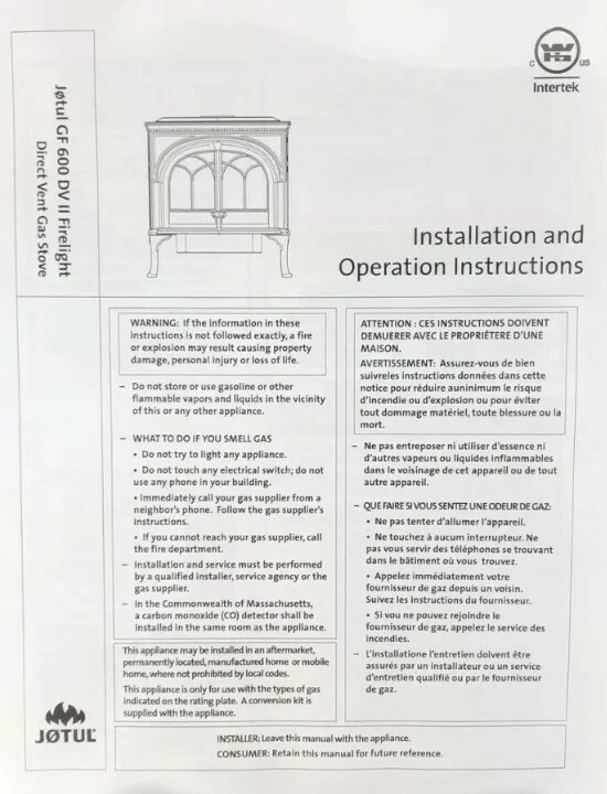 Jotul GF 600 DV II Firelight Direct V Gas Stove Owners Manual Maintenance  Guide