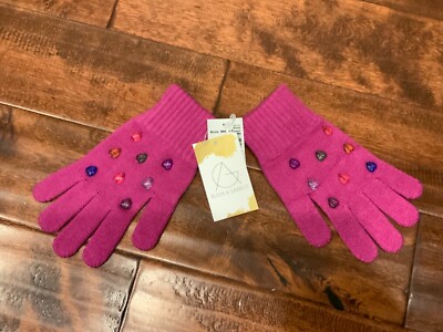 $125 Lele Sadoughi Women Dark Pink Knit Heart Crystal Gloves, One Size, New!