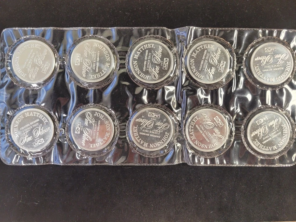 Johnson Matthey Bill of Rights JUEGO COMPLETO 1 OZ rondas x10 999 plata - raro sellado Foto 2 de 4