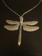 Large Dragonfly Pendant Necklace Silver tone 22 in 