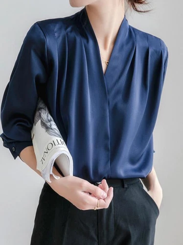 Sommer Damen OL Shirts Langarmshirt Seide V-Ausschnitt französisches Design Blusen Oberteil - Bild 6 von 16