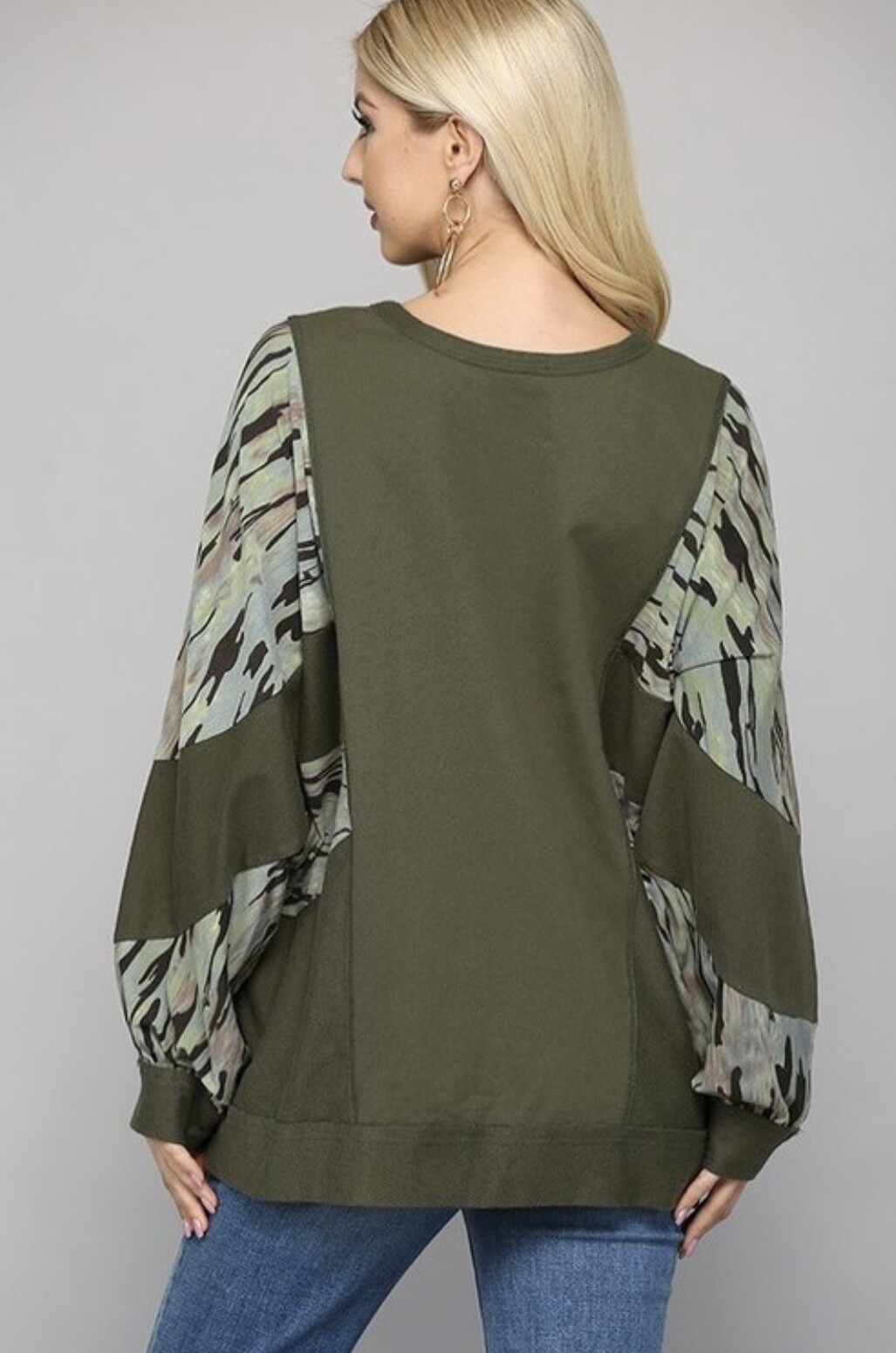 BiBi Camo Printed French Terry Knit Color Block Top
