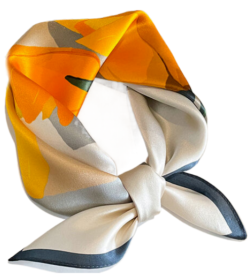 100% Silk 20-Inch Floral Orange Gray Scarf for Women – Soft Neck Wrap