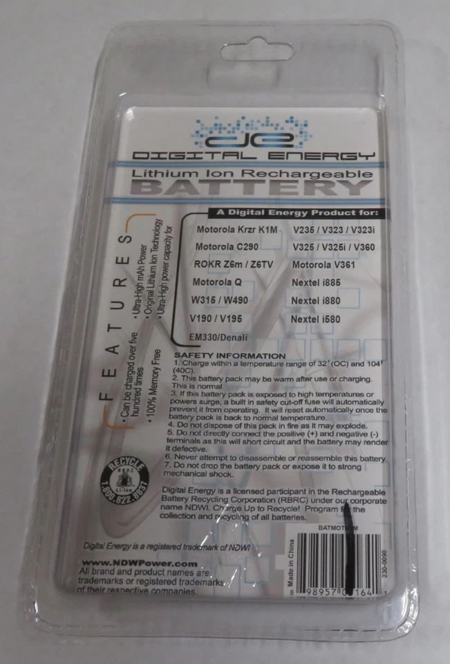 Digital Energy 230-0090 650 mAh 3.7v 锂离子电池 适用于摩托罗拉 Krzr K1M 全新 — 第 2/2 张图片