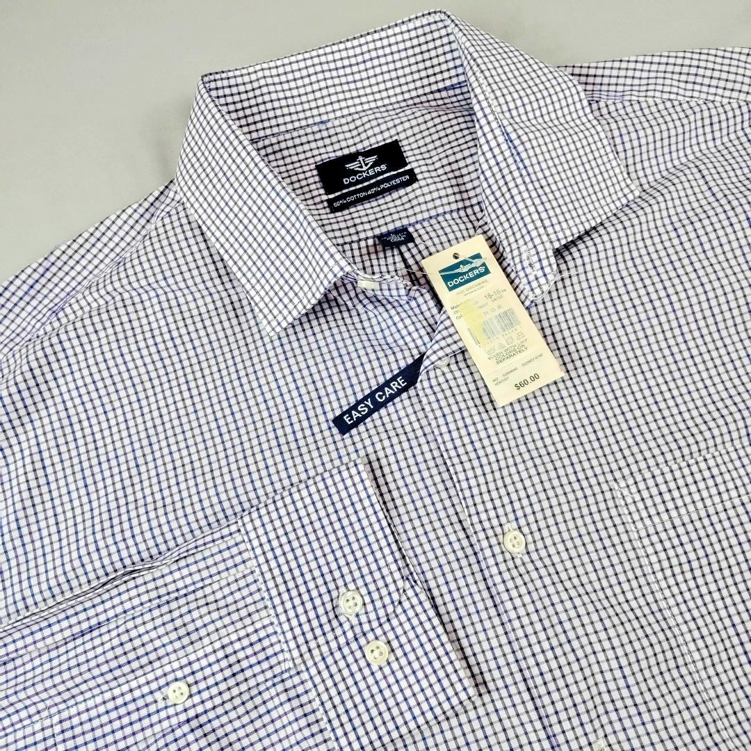 slim fit dress slacks Men's Big & Tall Westport No-Tuck Long Sleeve Button Down Collar Stretch Performance Windowpane Plaid Print Sport Shirt Blue/Tan / 2XMT main image 1