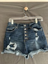 Indigo Rein Distressed Denim Shorts Womens 5 Button Fly Frayed Hem
