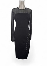 Bisou Bisou Black Bodycon Dress Size 8 Sheer Mesh Long Sleeve Lace Up Side