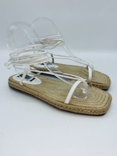 AQUA Womens White Thong Sandal Strappy Square Toe Leather Espadrille Shoes 7.5 B