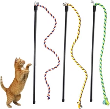 3PCS Cat String Wand Toys, Colorful Interactive Cats Teaser Wand with Bell, Plus