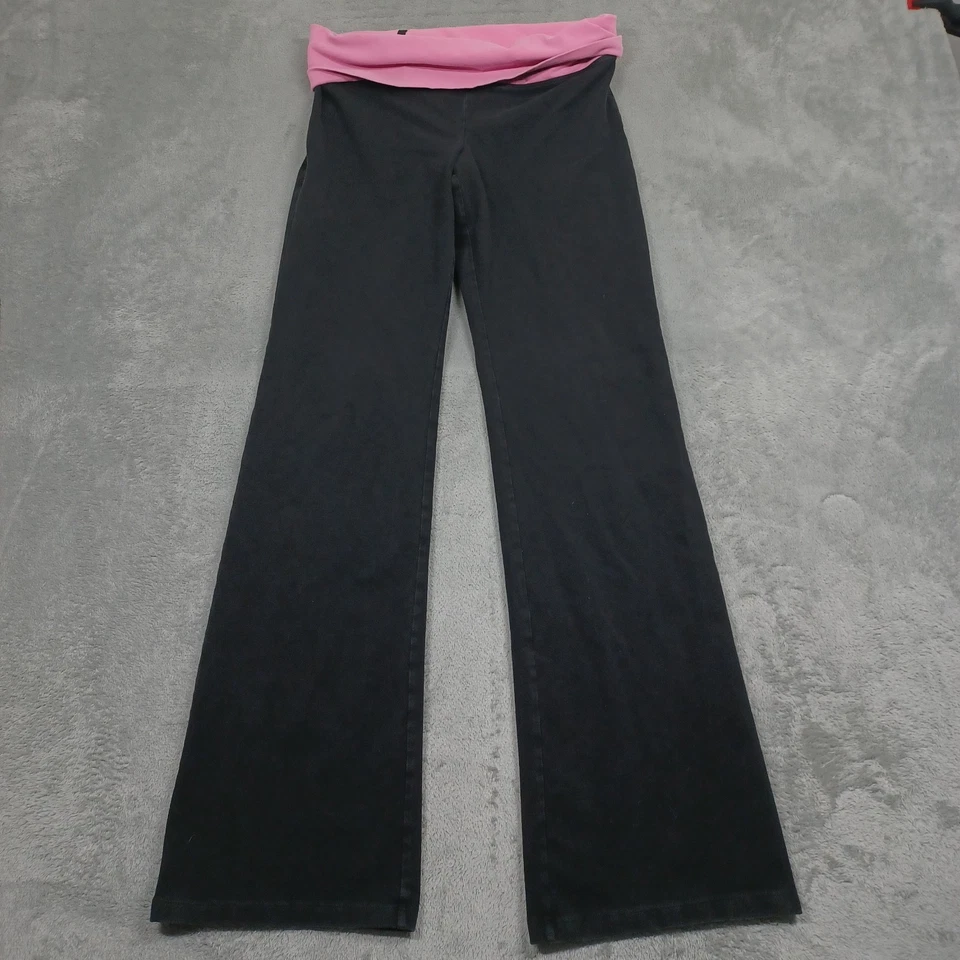 Victoria Secret Leggings Womens Medium Black Pull On Y2K Fold Over Flared Pink - Image 2 of 4