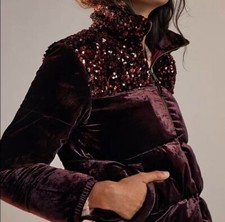 $248 Anthropologie Maeve Vera Plush Velvet Sequin Puffer Jacket Wine Petite S