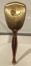 Gold Tone Art Deco Floral Heart Back Metal Hair Brush Vanity Dresser Set
