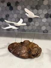 John Perry Signed 2022 Seagull Sculpture Burl Wood Knot Art 3 “Flying” Birds