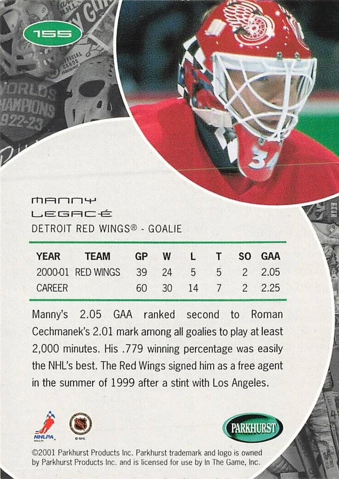 2001-02 Parkhurst Hockey #155 Manny Legace RED WINGS - Image 2 of 2