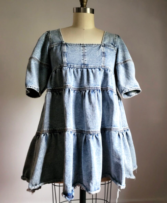 white christmas dresses Floral Denim Tiered Mini Dress | Trendy Women's Dress
