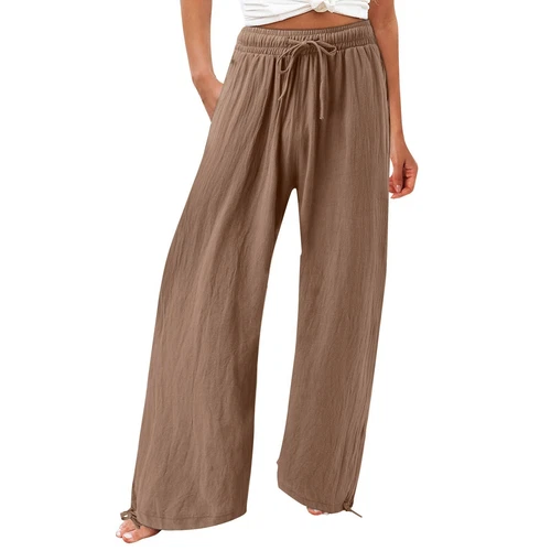 Women Loose High Waist Drawstring Cotton Linen Wide Leg Long Pants With Pockets - Picture 29 of 44