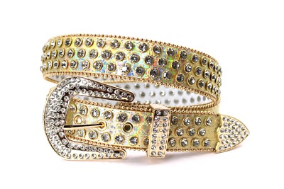 Rhinestone Western Belt Bling Stone Gold Clear Unisex Men Pants 30 Cinto Vaquero