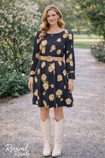 Romantic Cottagecore Floral Dress LOFT Petite Large Navy Yellow Roses