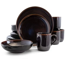 Round Stoneware Dark Contemporary Dinnerware Dish Set, 16 Piece, Metallic Black