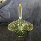 Fenton Green Hobnail Hand Blown Art Glass Decorative Basket with Handle