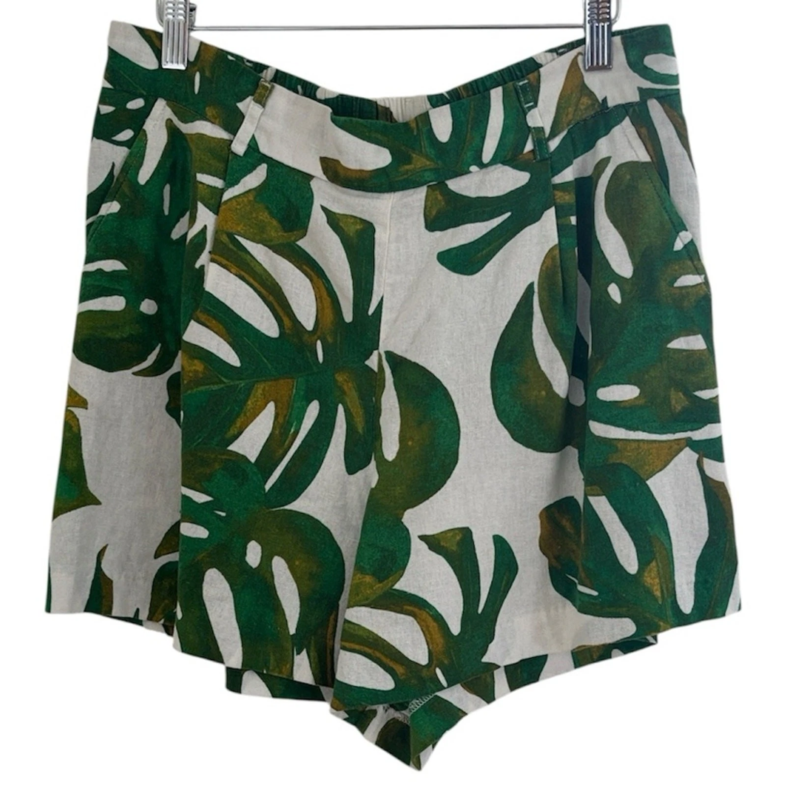 Joie Monstera Leaf Tropical Linen Blend Shorts Beach Summer Vacation Pockets