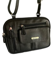 MultiSac Zippy Triple Compartment Black Faux Leather Crossbody Purse Handbag