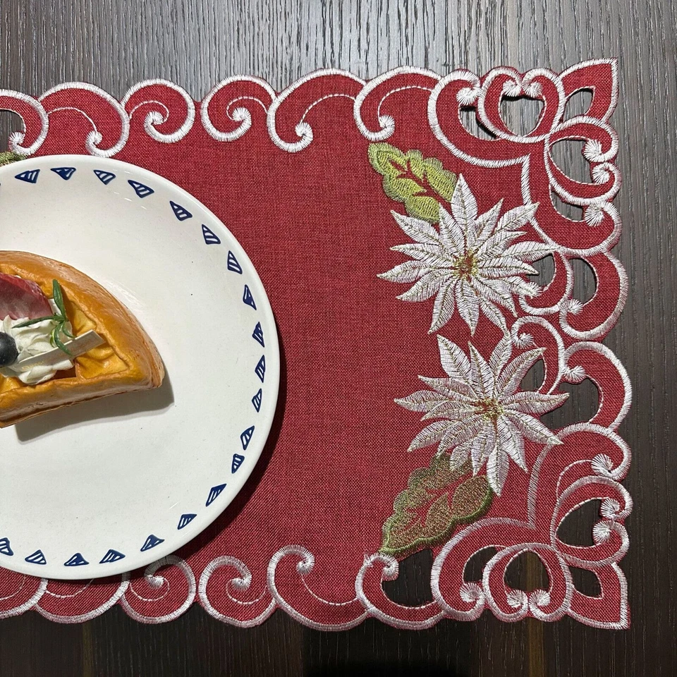 Set of 4 Red Vintage Embroidered Lace Christmas Placemats Table Place Mat 11x17" - Image 4 of 4