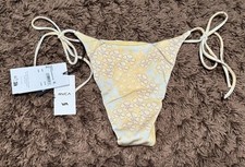 New RVCA Women  s Yellow Tie Side Bikini Bottom XS Floral Collage Print MSRP 56