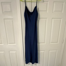 Navy Blue Satin Full Slip Dress with Adjustable Straps for Women