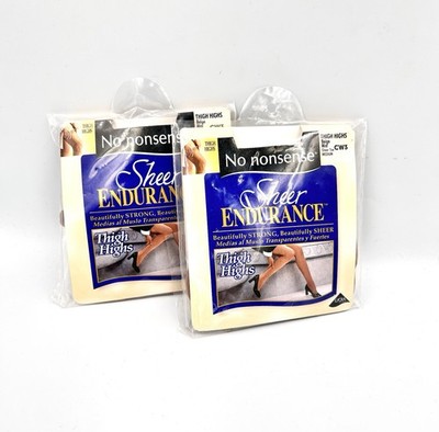 (2) No Nonsense Thigh High Stockings Sheer Endurance Beige Mist Sz Med Sheer Toe