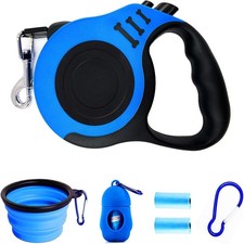 16FT Blue Retractable Dog Leash with Folding Bowl Dispenser Rubbish Bags