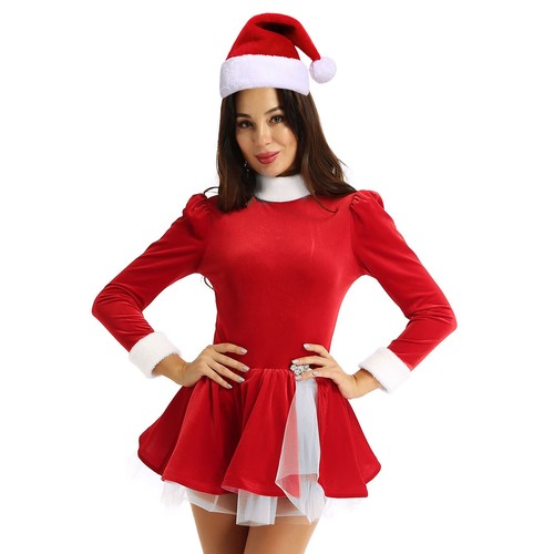 Women's Christmas Dress Santa Claus with Hats Costume Leotard Dresses Dancewear - Picture 14 of 33