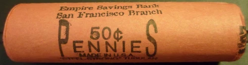 Unsearched Original OBW Wheat Cent Penny Bank Roll Empire Bank San Francisco zz