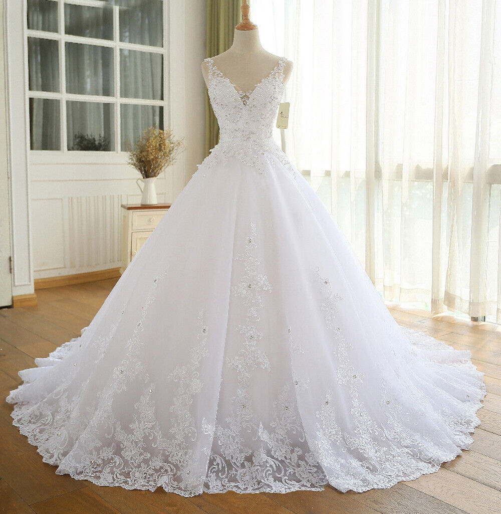 Vestidos de novia de princesa con cuentas sin mangas talla grande cuello en  V aplique | eBay