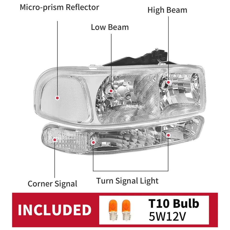 Headlights w/ Bumper Lamps For 1999-2007 GMC Sierra 1500 2500 2000-2006 Yukon XL - Image 2 of 4