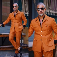 Orange Vintage Men's Safari Jackets 2 Pieces Hunting Sports Suits Slim Fit Coat