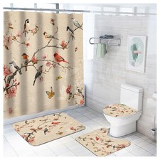 4 PCS Chinese FlowerBird Painting Shower Curtain Set Rugs Bath Mat 12 Hooks
