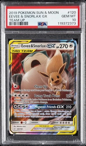 2019 POKEMON SUN & MOON TEAM UP #120 EEVEE & SNORLAX GX PSA 10