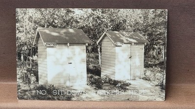 1940's Postcard Outhouses Brother Sister Designation No Sit Down Strikers Here
