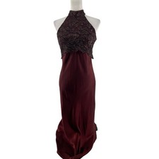 Vintage Roberta Gown Womens Small  Burgundy Halter Lace Satin Dress Prom Y2K