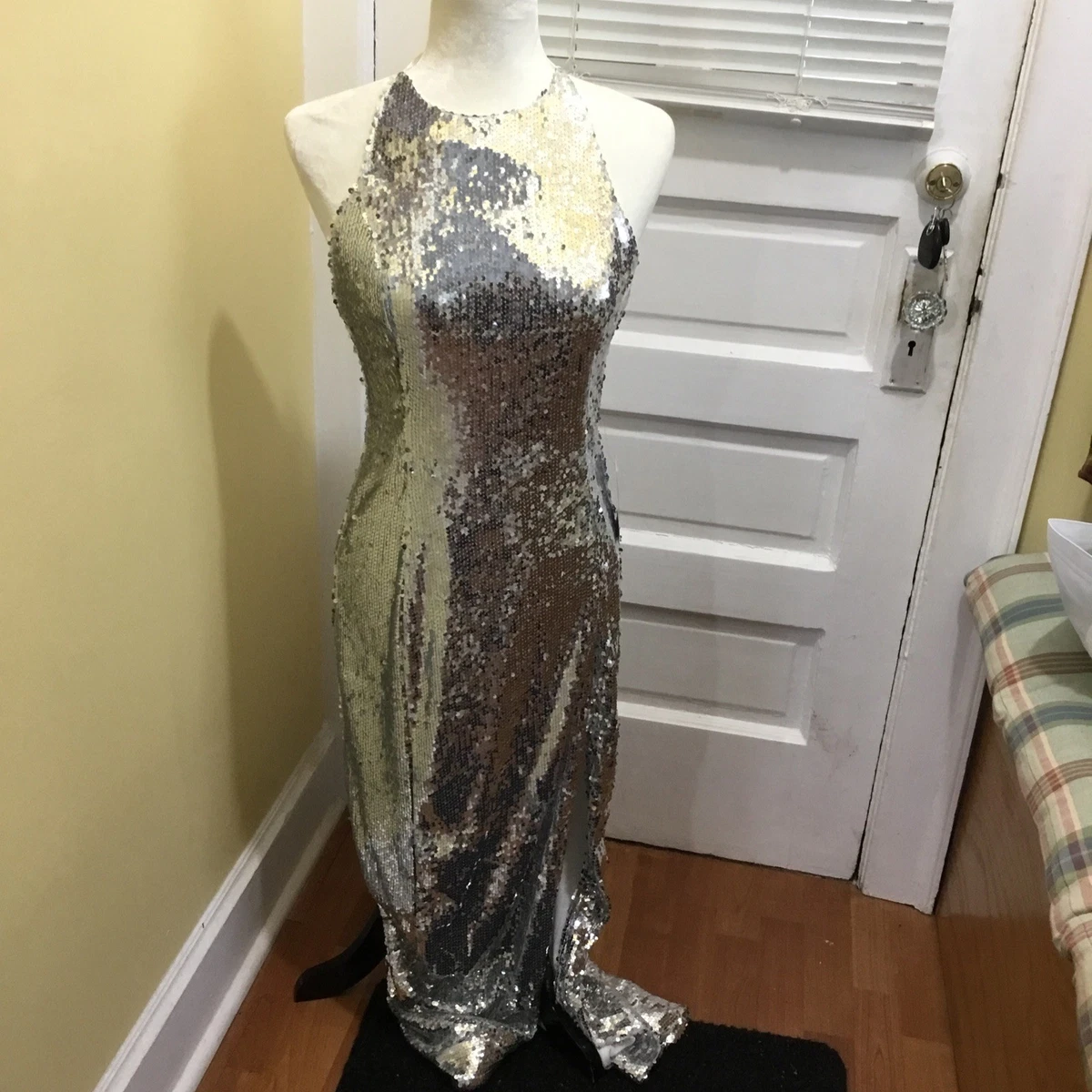 green emerald velvet dress Sparkly Silver Backless Mermaid Long Formal Dress main image 0