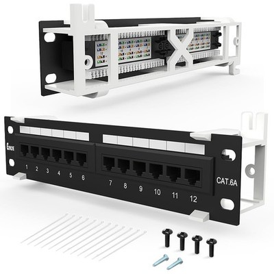 12 Port CAT6A Patch Panel, 10-Inch, Wall Mount, Rack Mount, Punch Down, UTP