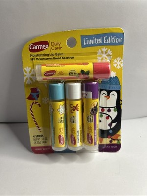 CARMEX LIP BALM 4 STICKS LIMITED SUGAR COOKIE, PLUM, CANDY CANE, BERRY - NEW